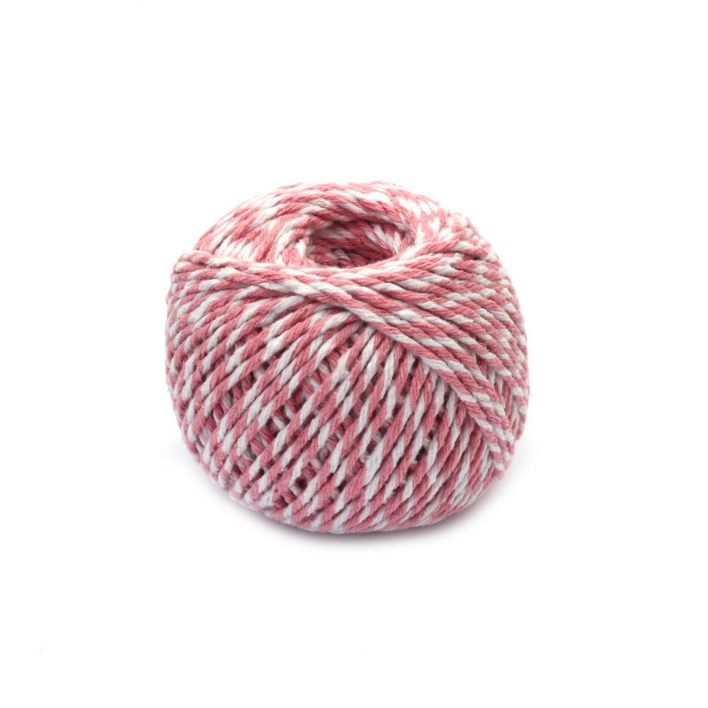 Twisted Cotton Cord 1.5 mm, White and Light Pink - 50 grams