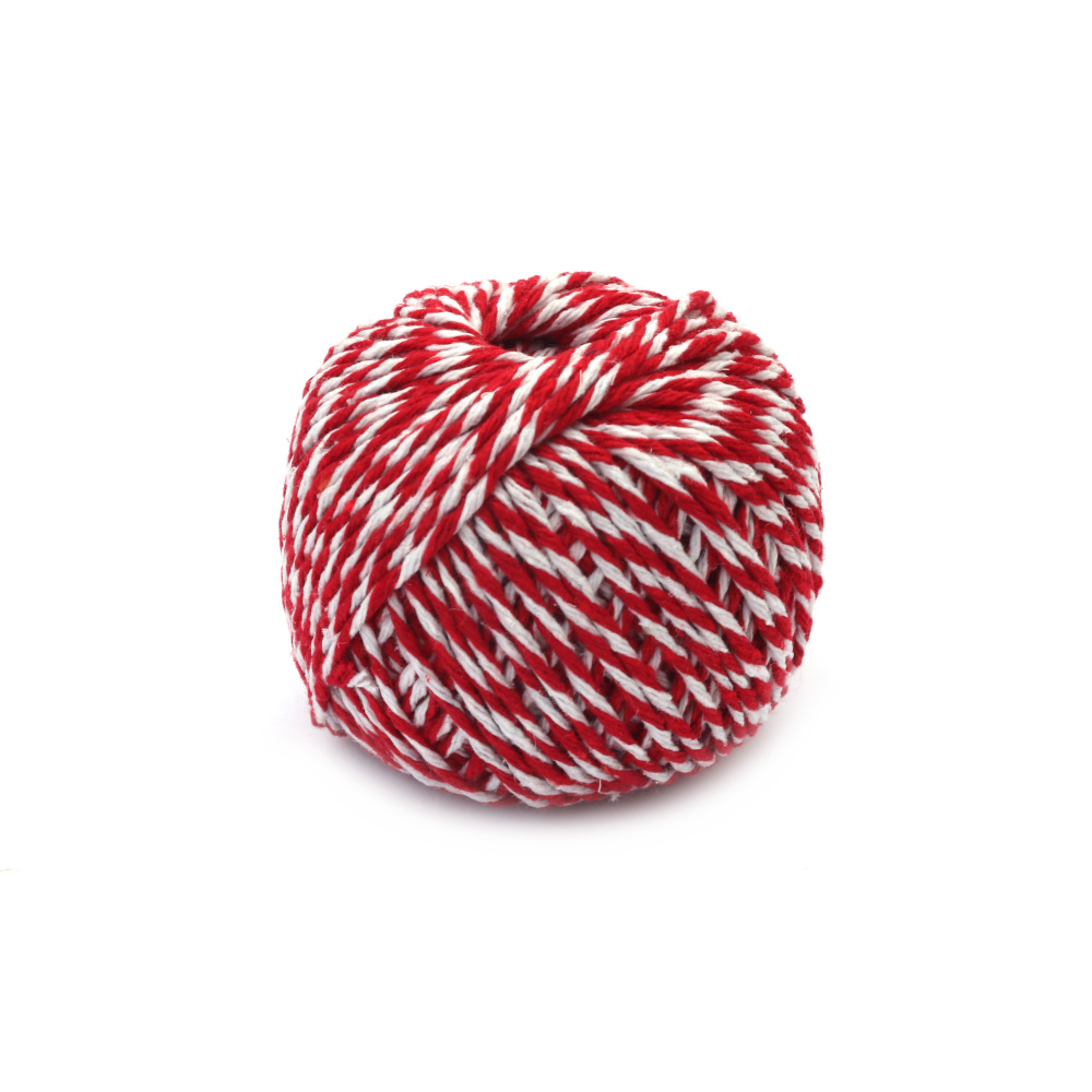 Шнур памук 1.5 мм пресукан цвят бял и червен -50 грама