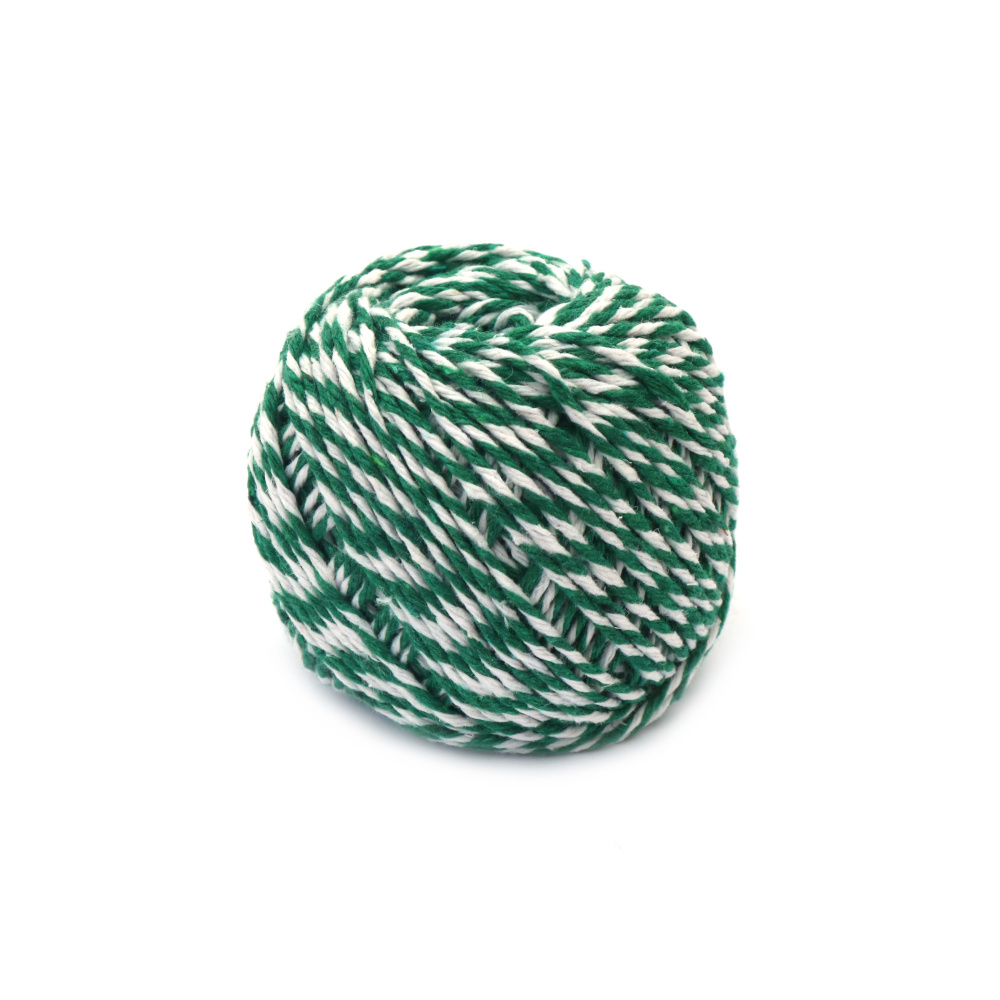 Twisted Cotton Cord 1.5 mm, White and Green - 50 grams
