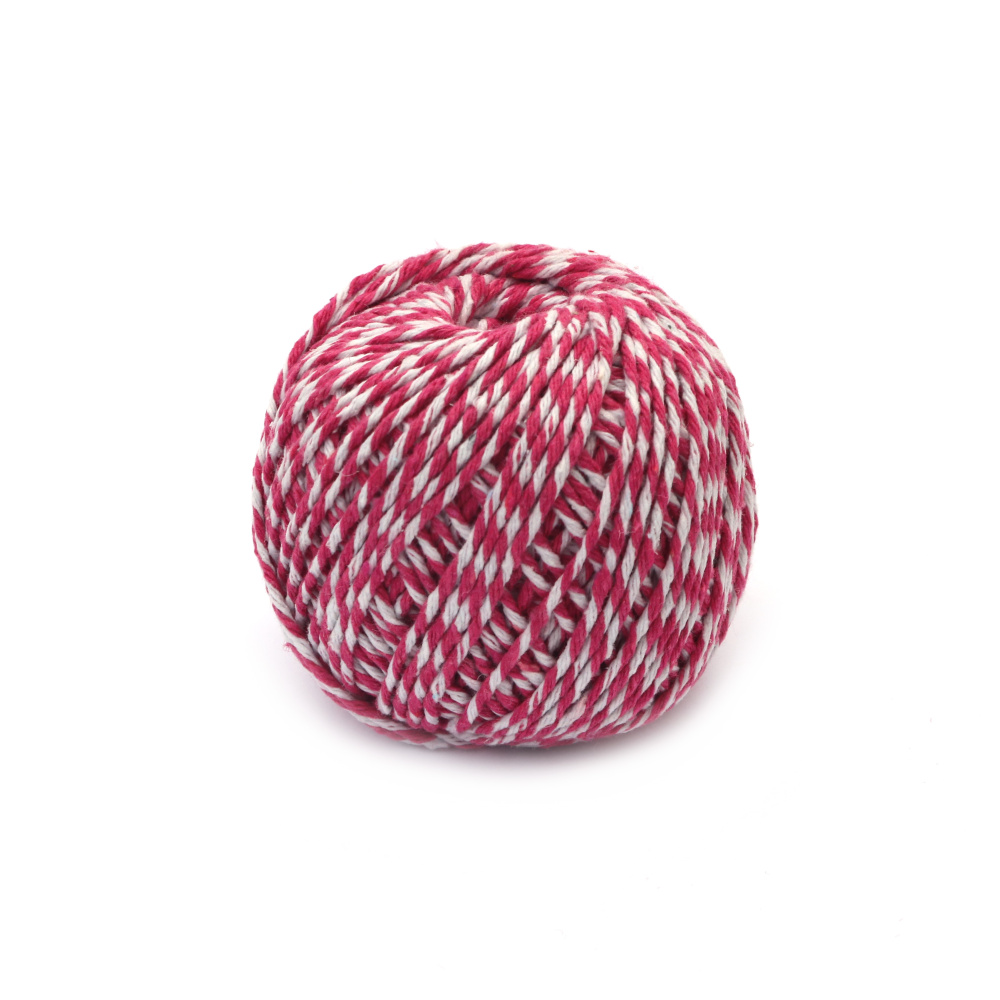 Twisted Cotton Cord 1.5 mm, White and Dark Pink - 50 grams