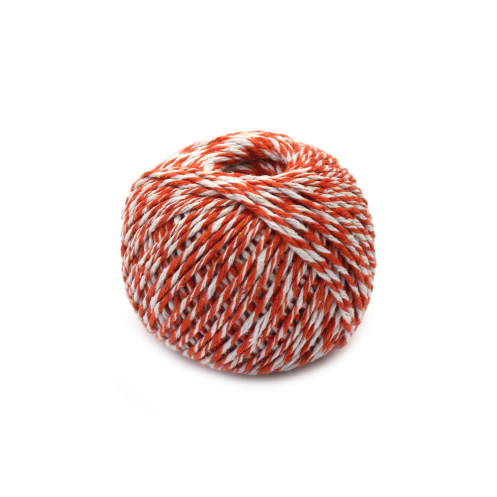 Шнур памук 1.5 мм пресукан цвят бял и оранжев -50 грама