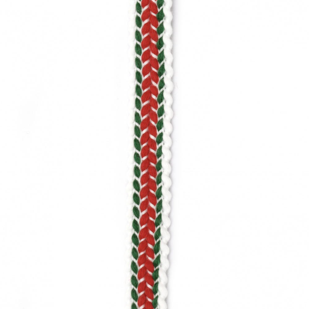 Tricolor Braided Cotton Edging / 15 mm / White, Green, Red - 1 meter