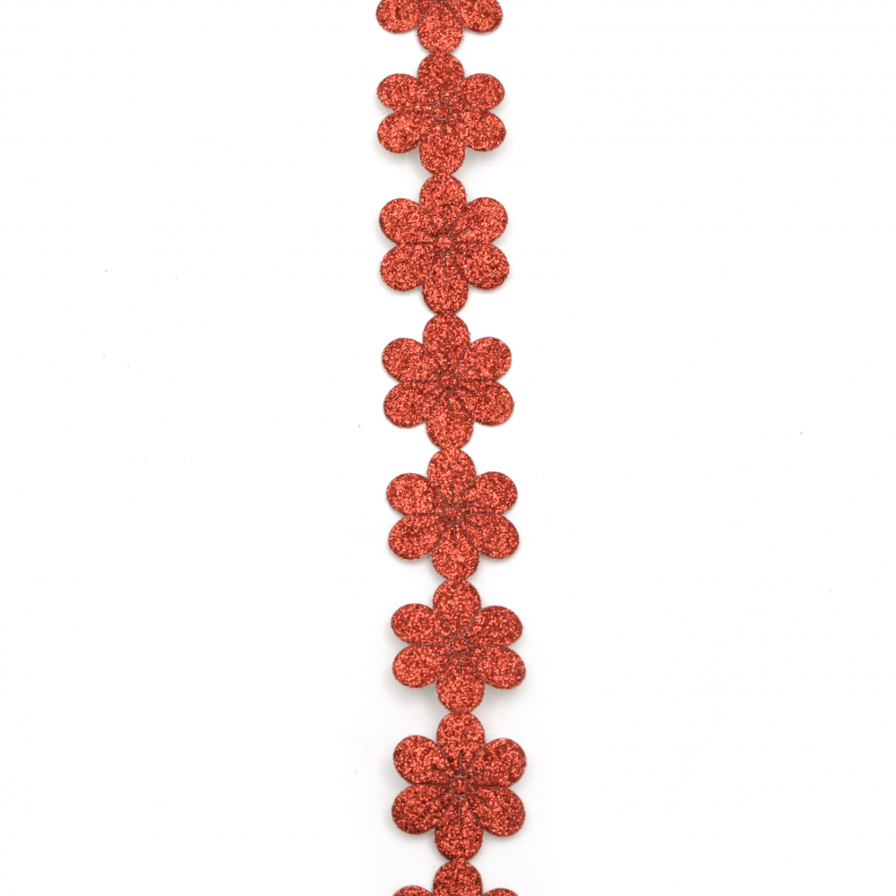 Ширит цвете памучна основа 25 мм брокат червен -1 метър