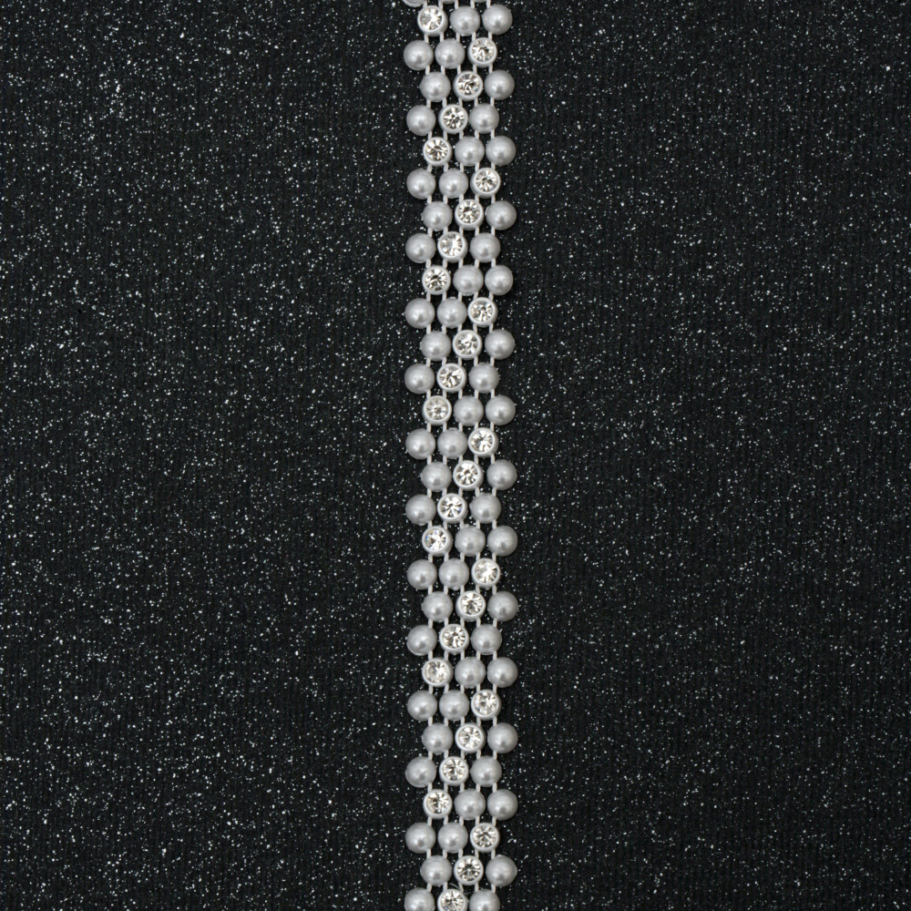 Ширит перлен 15 мм с камъчета цвят бял - 1 метър