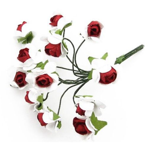 Букет рози от хартия и тел цвят бял и червен 15 мм -12 броя