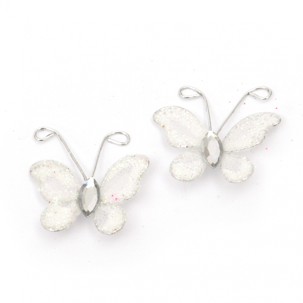 Decorative Butterflies Made of Rhinestone, Wire and Textile with Glitter Powder / White / 25 mm - 5 pieces