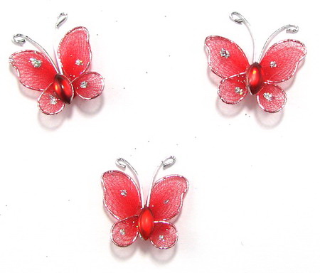 Пеперуди с брокат цвят червен 25 мм - 5 броя