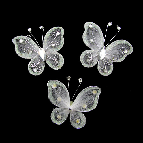 Organza butterfly with glitter and wire for festive home decor,  accessories for embellishment 50 mm