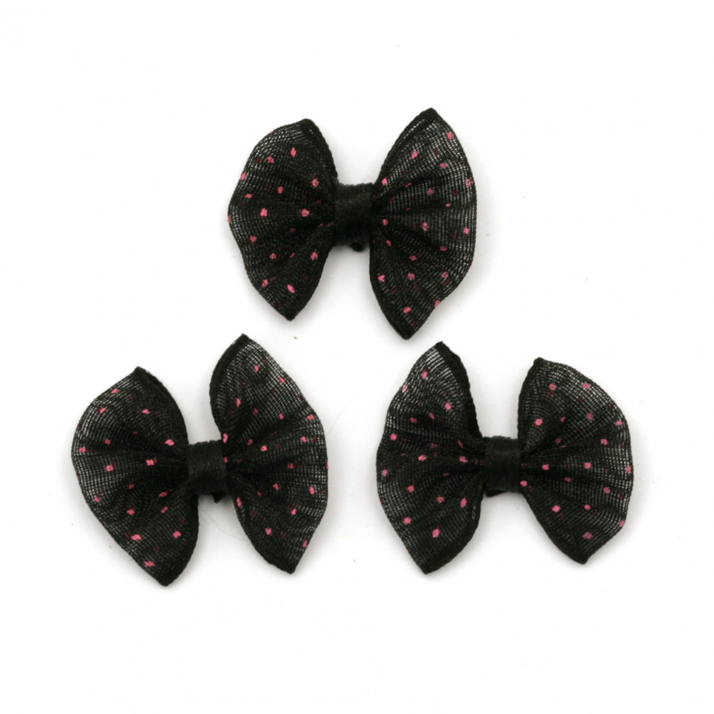 Ribbon 23x20 mm organza black with pink dots -5 pieces