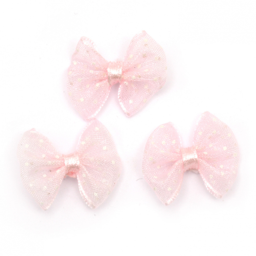 Панделки от органза цвят светло розов на бели точки 23x20 мм -5 броя