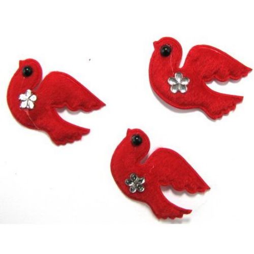 Фигурки за декорация птичка от кадифе цвят червен 50x35 мм -10 броя
