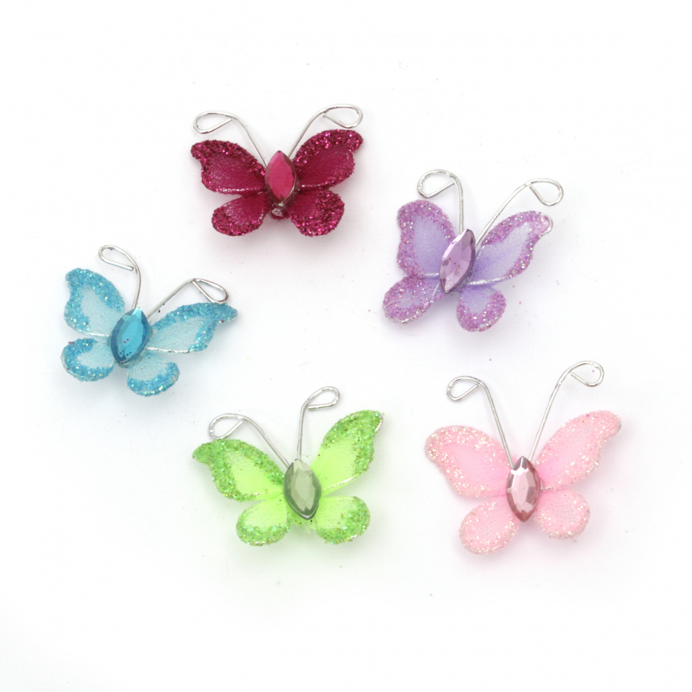 Organza Wire Butterfly, Mixed Colors with Glitter ,25mm 5pcs
