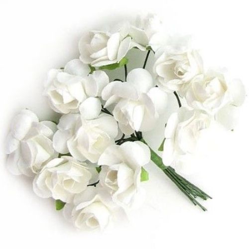 Bouquet of paper Roses with wire stems for decoration 20x90 mm white - 12 pieces