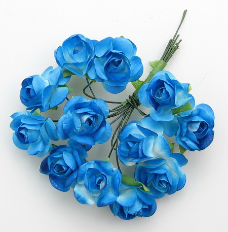 Bouquet of paper Roses with wire stems 20 mm blue 3 - 12 pieces