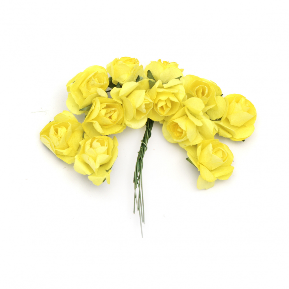 Buchet trandafir de hârtie și sârmă 20 mm galben 1 -12 bucăți