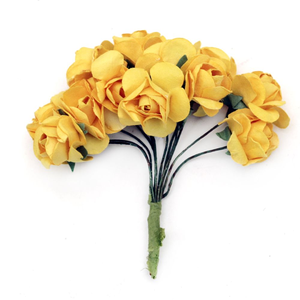 Buchet trandafir de hârtie și sârmă 20x80 mm galben 2 -12 bucăți