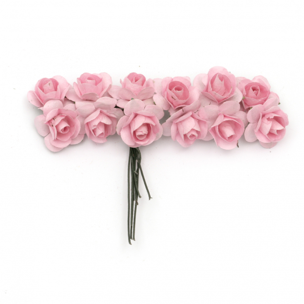 Buchet trandafir de hârtie și sârmă 18 mm culoare roz deschis -12 bucăți