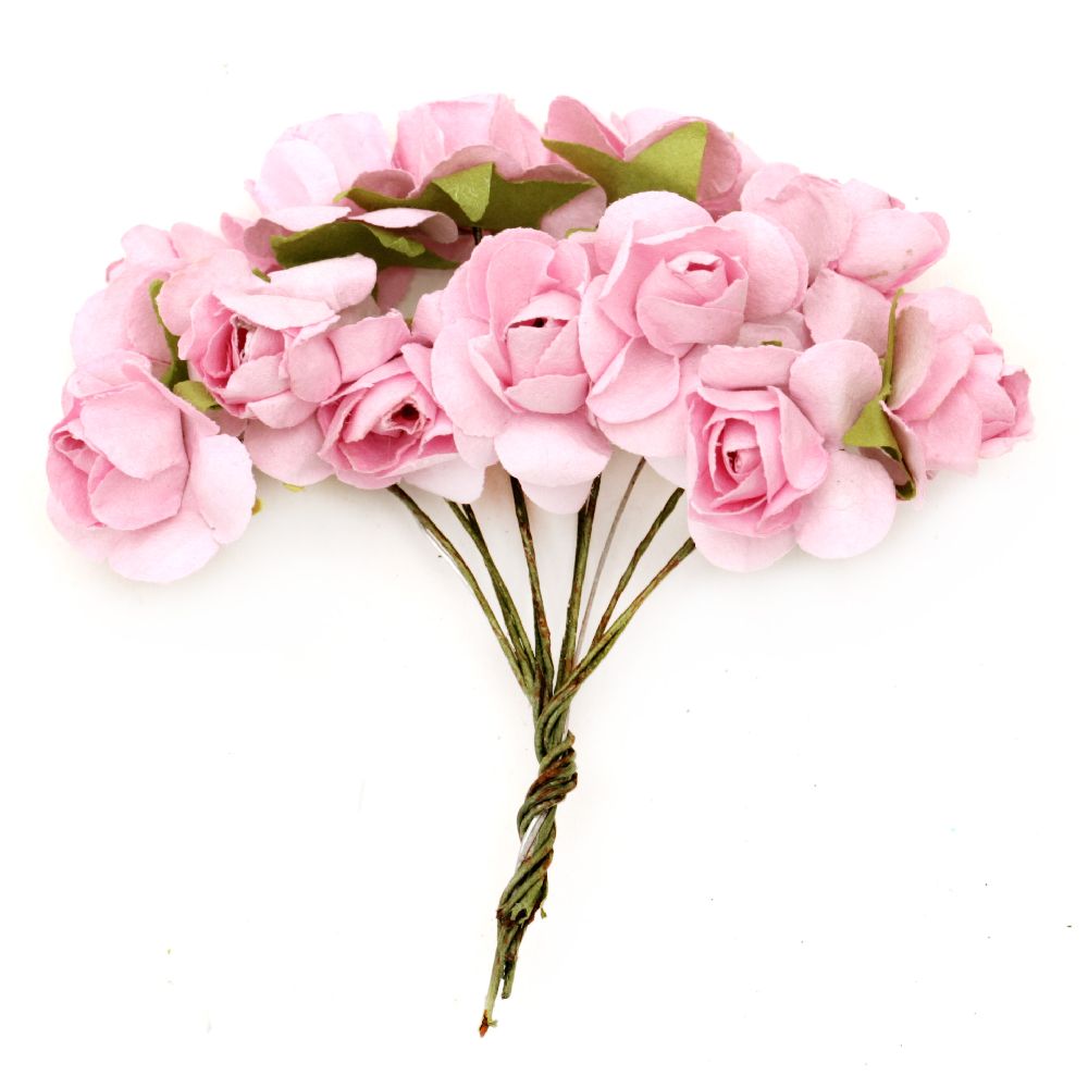 Bouquet of paper Roses with wire stems for decoration 20x80 mm pink 5 -12 pieces
