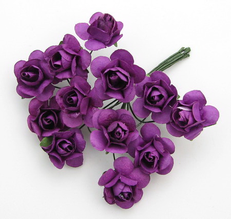 Bouquet of paper Roses with wire stems 15 mm dark purple - 12 pieces