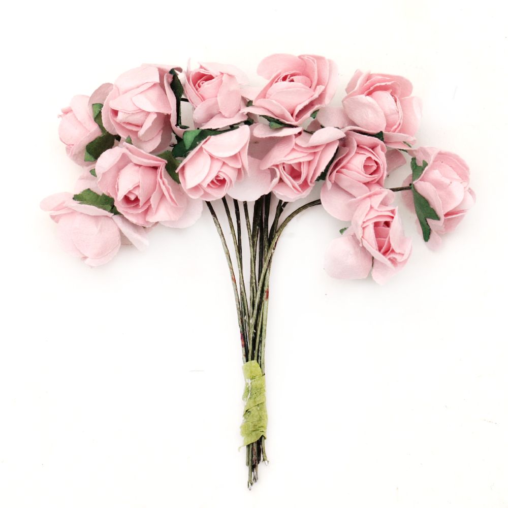 Buchet trandafir de hârtie și sârmă 20x80 mm roz 6 -12 bucăți