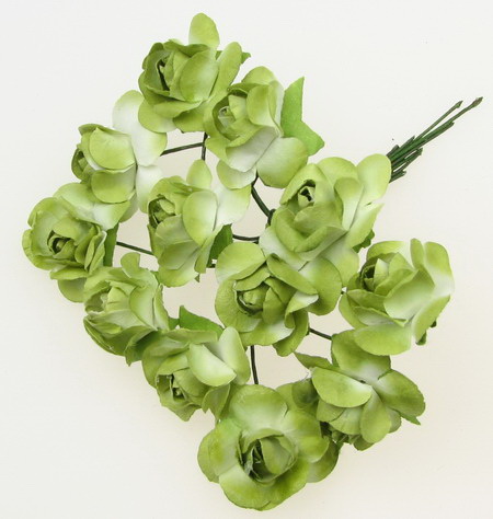 Buchet de trandafir de hârtie și sârmă de 20 mm verde și alb -12 bucăți