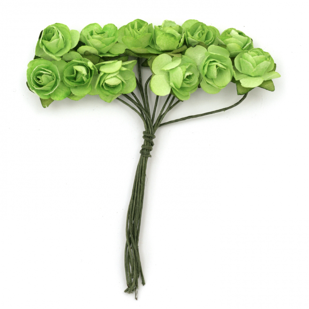 Bouquet of paper Roses with wire stems 15 mm green - 12 pieces