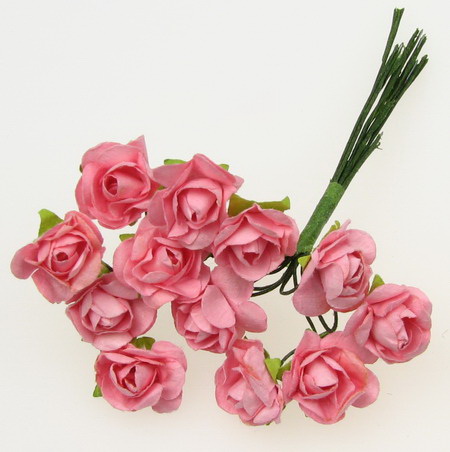 Bouquet of paper Roses with wire stems 15 mm pink - 12 pieces