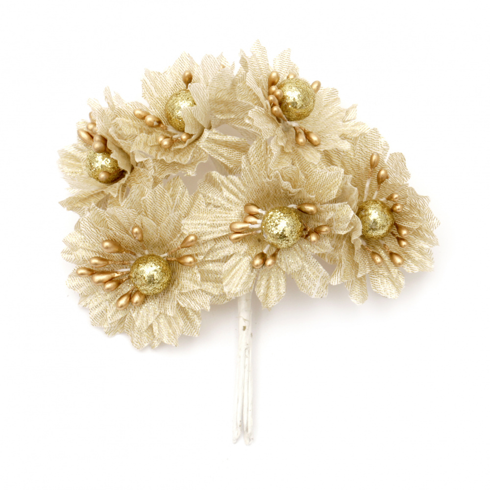 Textile flower bouquet with pearls for festive table decoration 50x110 mm gold color - 6 pieces