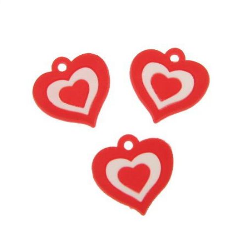 Rubber Heart Figurine / 21 mm / Red with White - 10 pieces