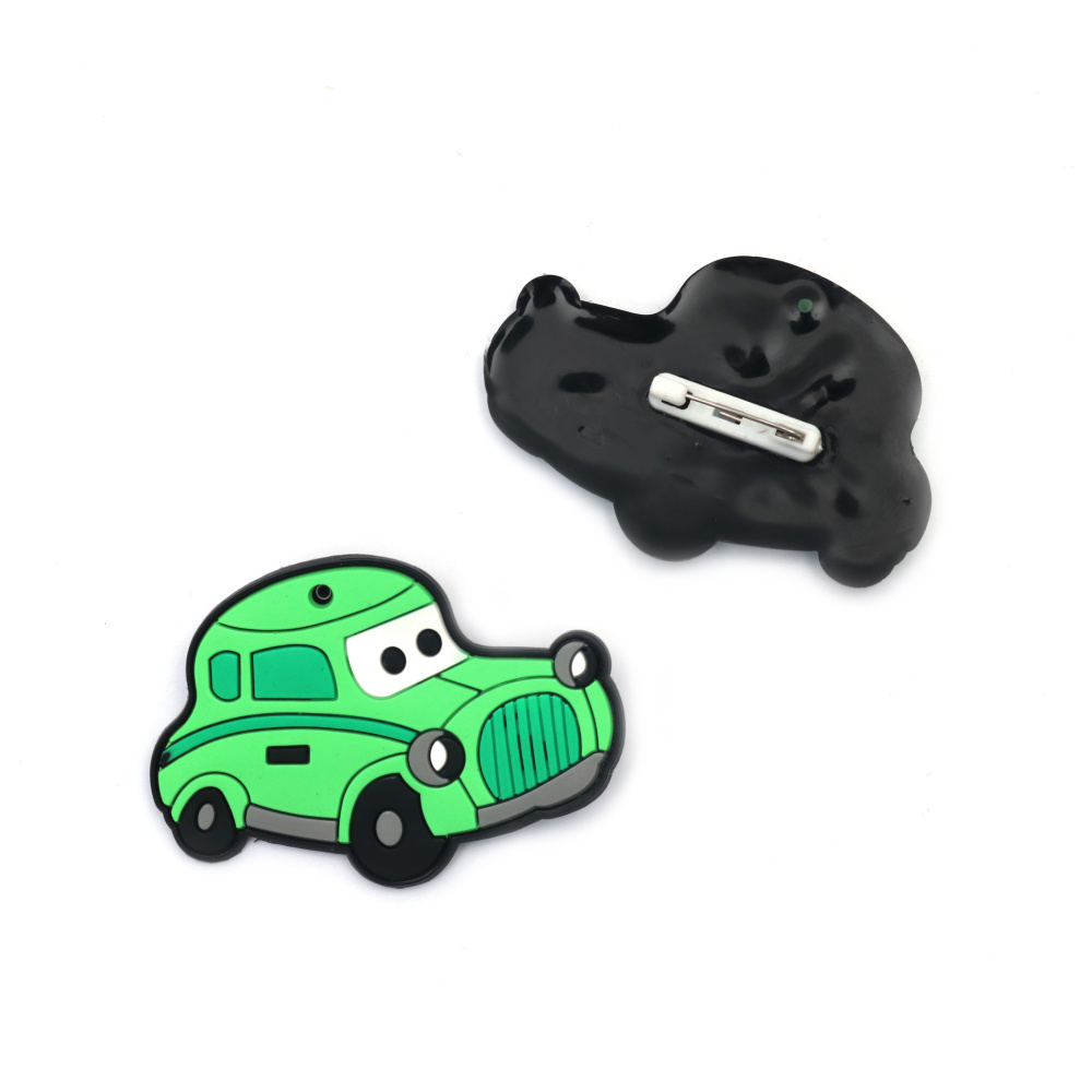 Rubber Badge with Safety Pin, Car / 40x55x3 mm / Green - 5 pieces
