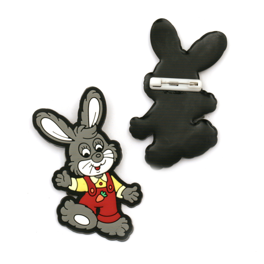 Kid's Rubber Bunny with Clasp Pin / 65x35 mm - 5 pieces