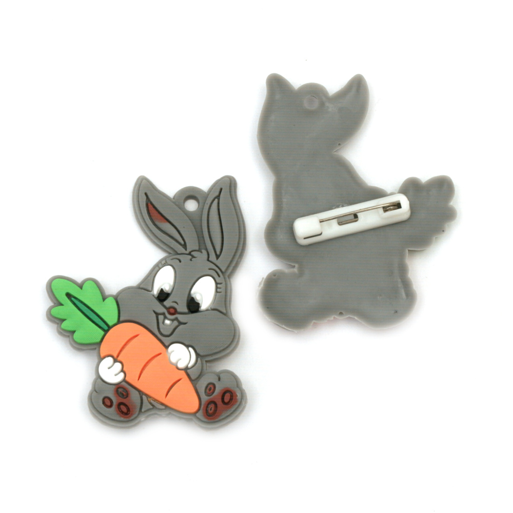 Rubber Charm with Clasp Pin and Hole, Bunny with Carrot / 50x35 mm - 5 pieces