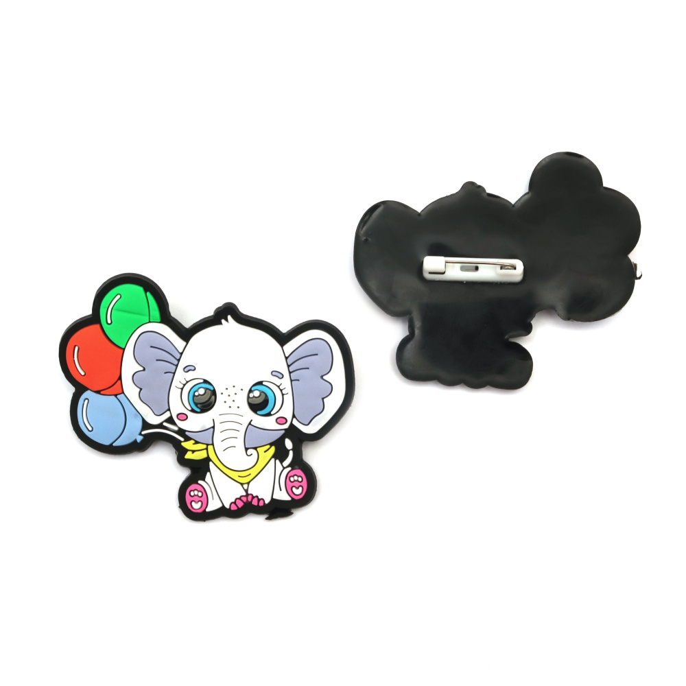 Rubber Figure of Cute Elephant with Clasp Pin / 55x60 mm, Pin: 20 mm - 5 pieces