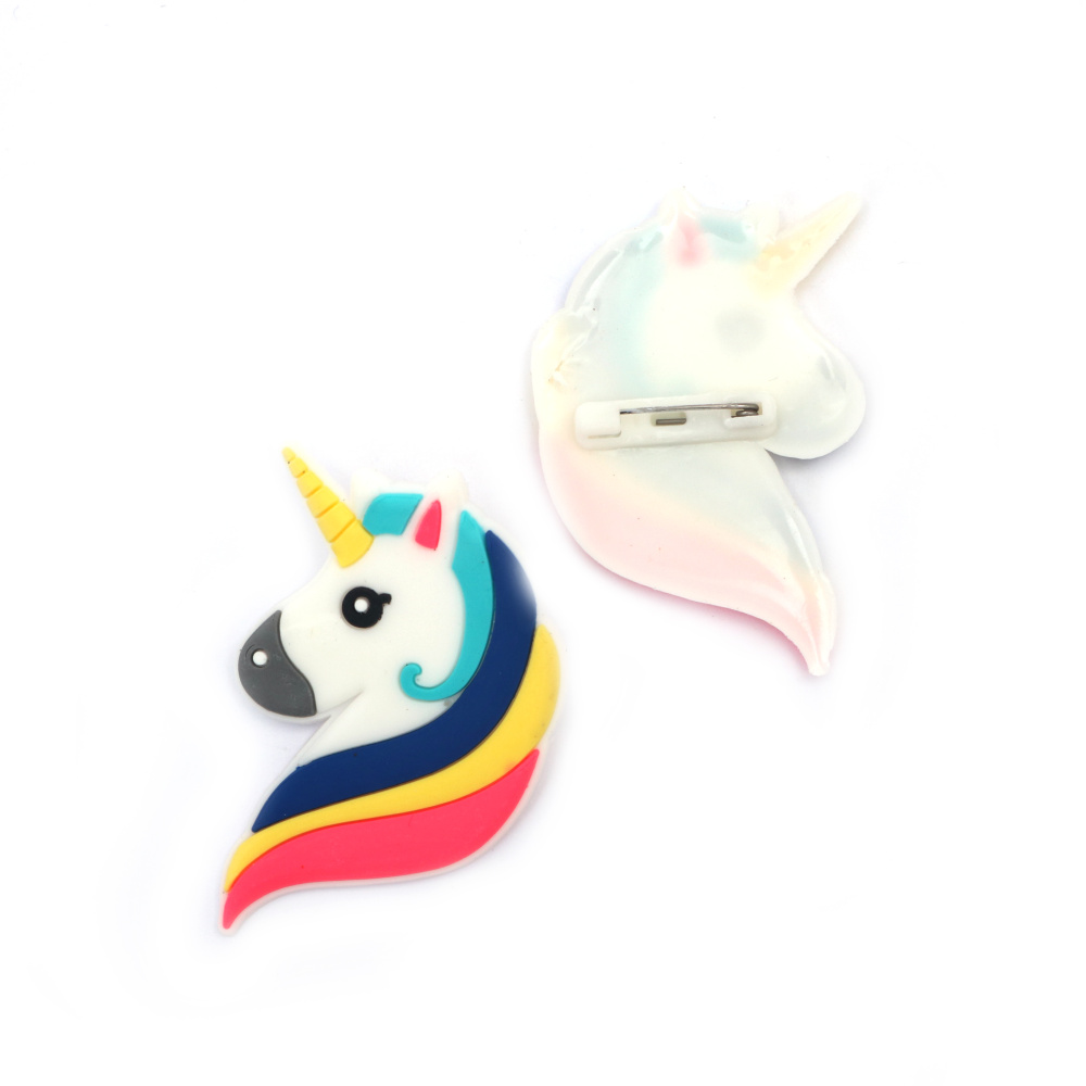 Rubber Badge with Pin Clasp, Unicorn / 50x40x2 mm - 5 pieces