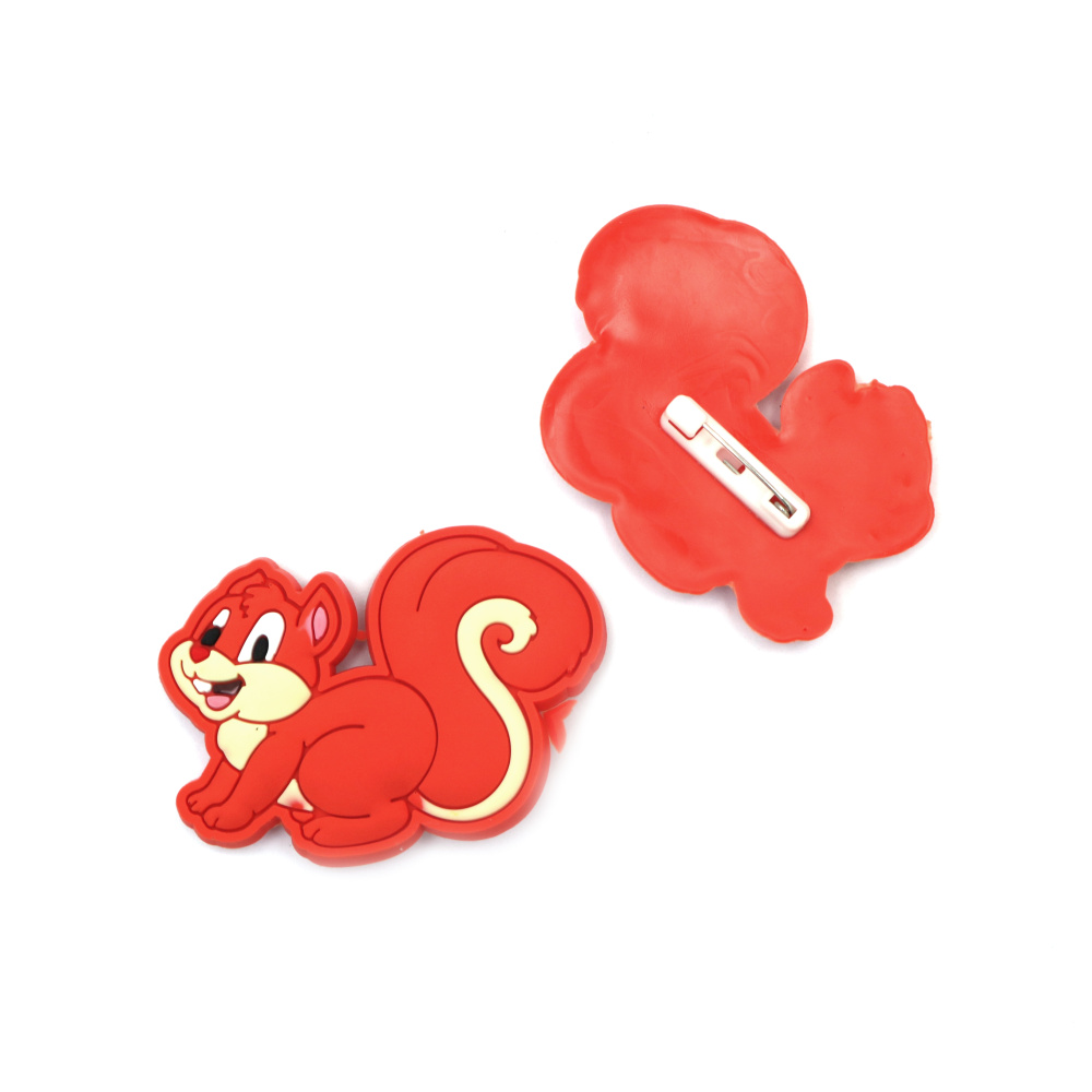 Rubber Badge with Safety Pin, Squirrel / 45x53x3 mm - 5 pieces