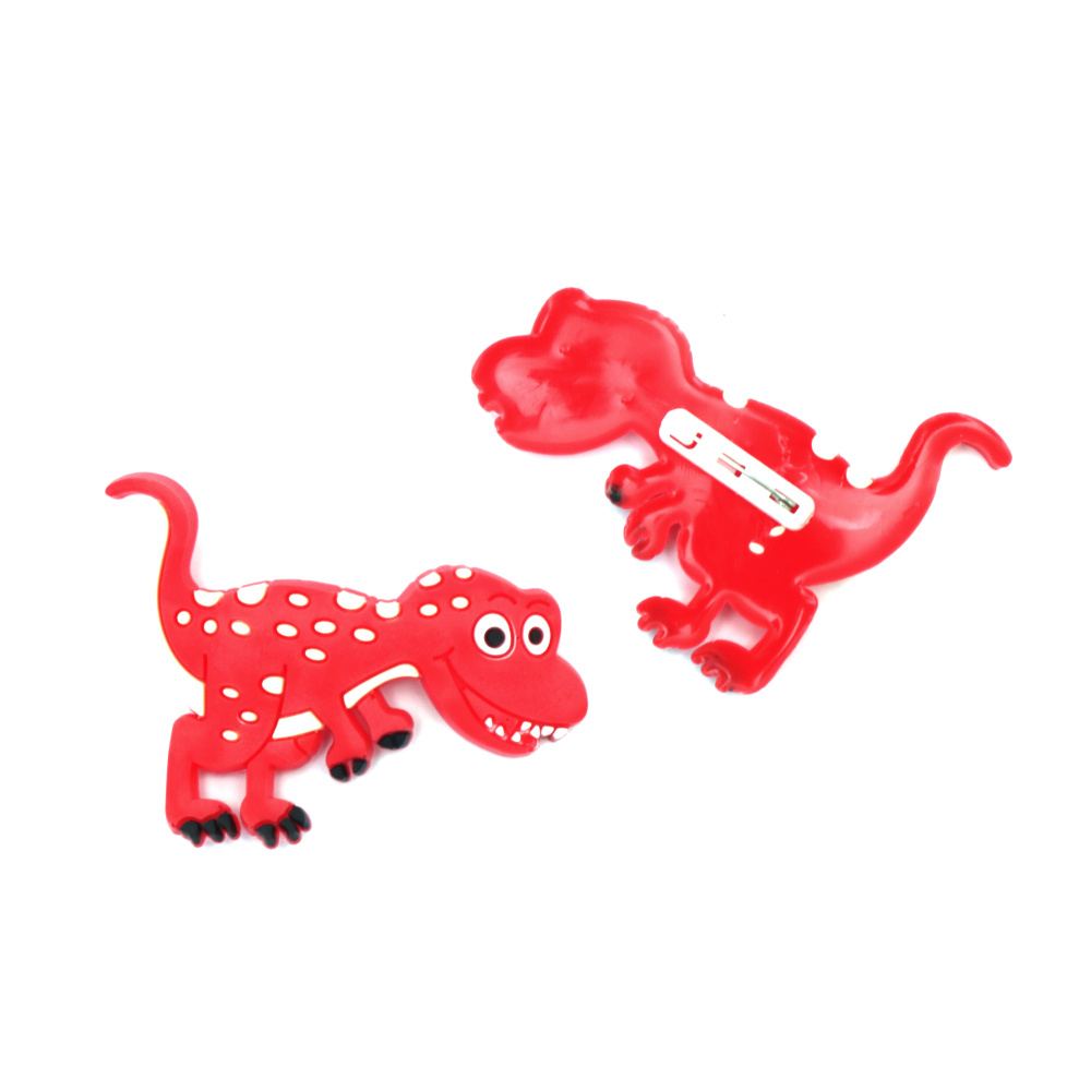 Rubber Figure, 45x65x3 mm, Red Dinosaur with Clasp - 5 pieces