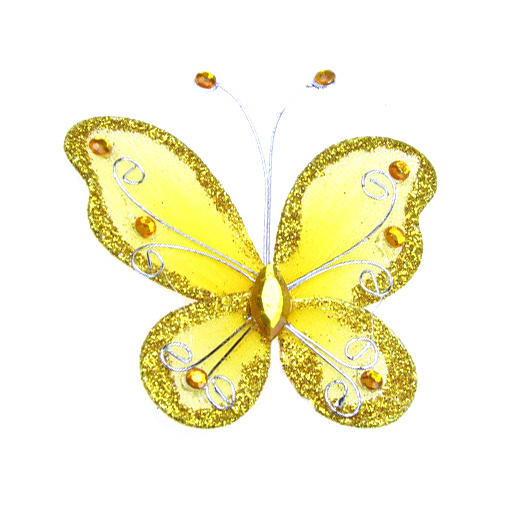 Organza Wire Butterfly with glitter For Home Decor, Party Accessories 70x60 mm yellow