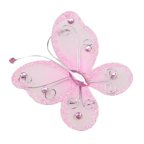 Organza Wire Butterfly with glitter For Home Decor, Party Accessories 70x60 mm  light pink