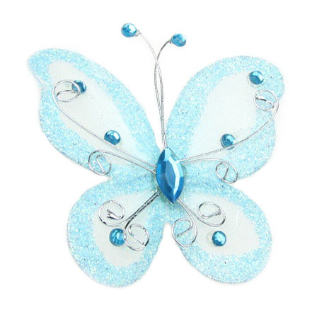Organza Wire Butterfly with glitter For Home Decor, Party Accessories 70x60 mm   light blue