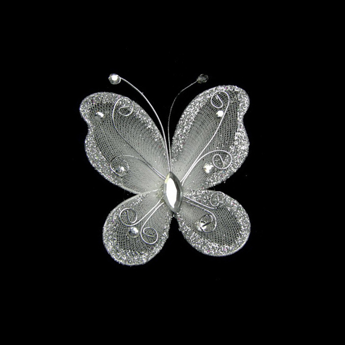 Organza Wire Butterfly with glitter For Home Decor, Party Accessories 70x60 mm white