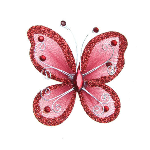 Organza Wire Butterfly with glitter For Home Decor, Party Accessories 70x60 mm dark red 