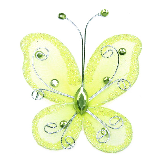 Organza Wire Butterfly, Light Yellow Glitter, 70x60mm