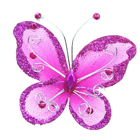Organza Wire Butterfly with glitter For Home Decor, Party Accessories 70x60 mm deep pink