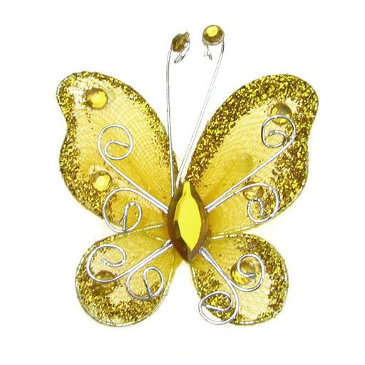 Organza Wire Butterfly, Yellow Glitter, 50mm