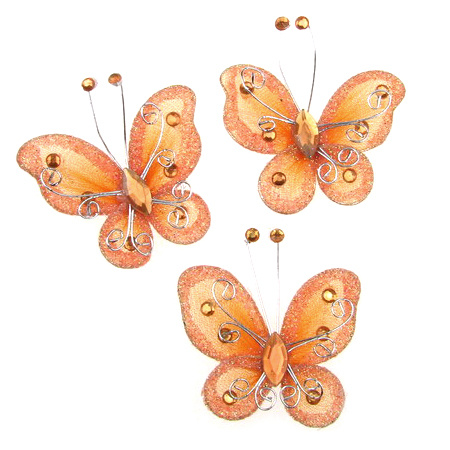 Craft Butterflies Made of Wire, Textile and Rhinestones for DIY Decoration / Orange / 50 mm