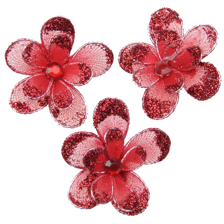 Double flower for decoration 35 mm with red glitter