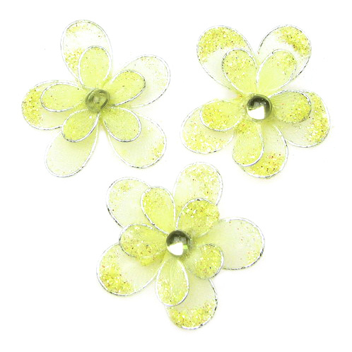 Organza and wire flower with glitter 35 mm light yellow 