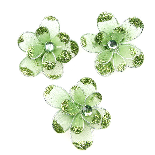 Green organza with wire flower, glitter 35 mm