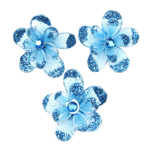 Organza wire flower with glitter 35mm blue