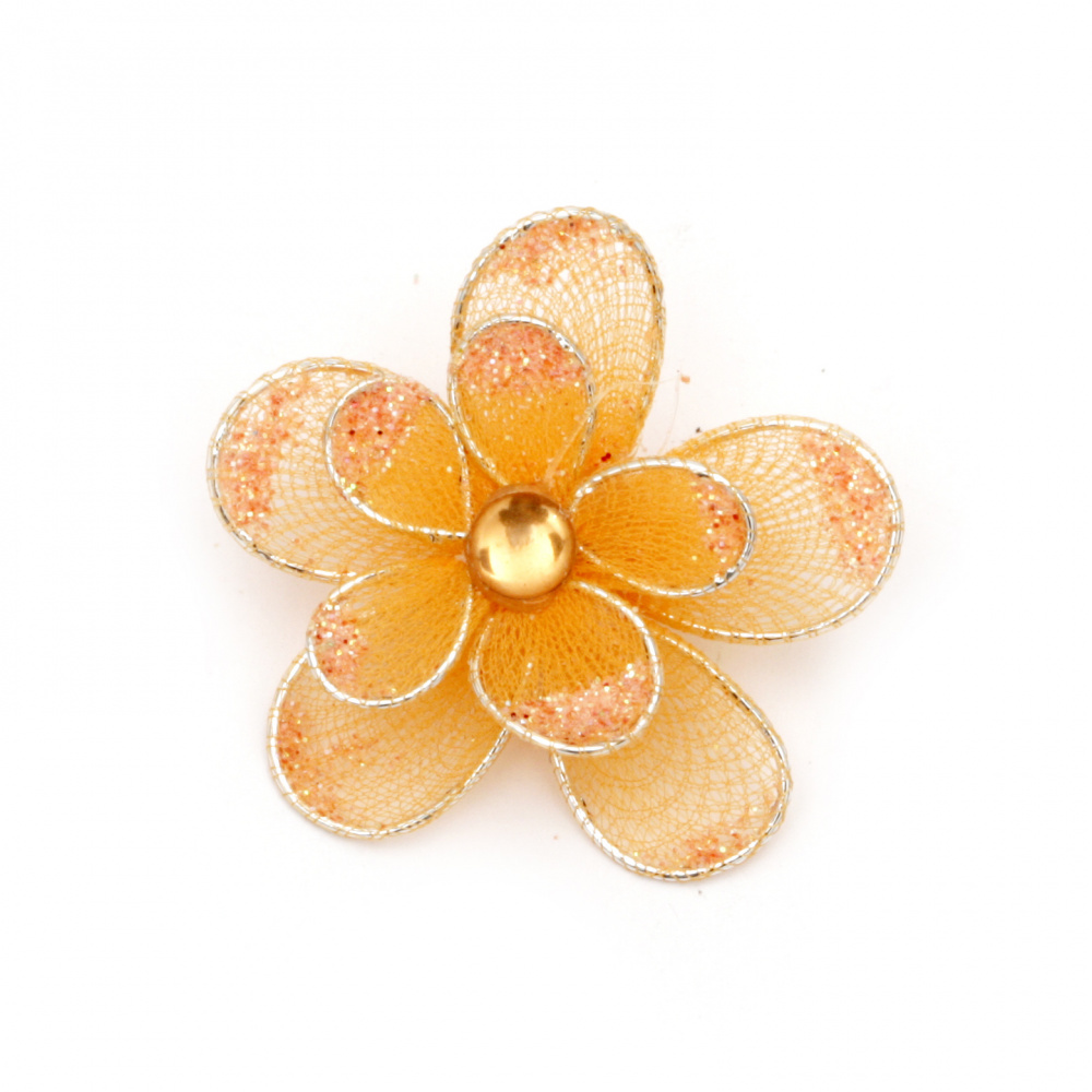 Organza and wire Flower with glitter 35 mm orange
